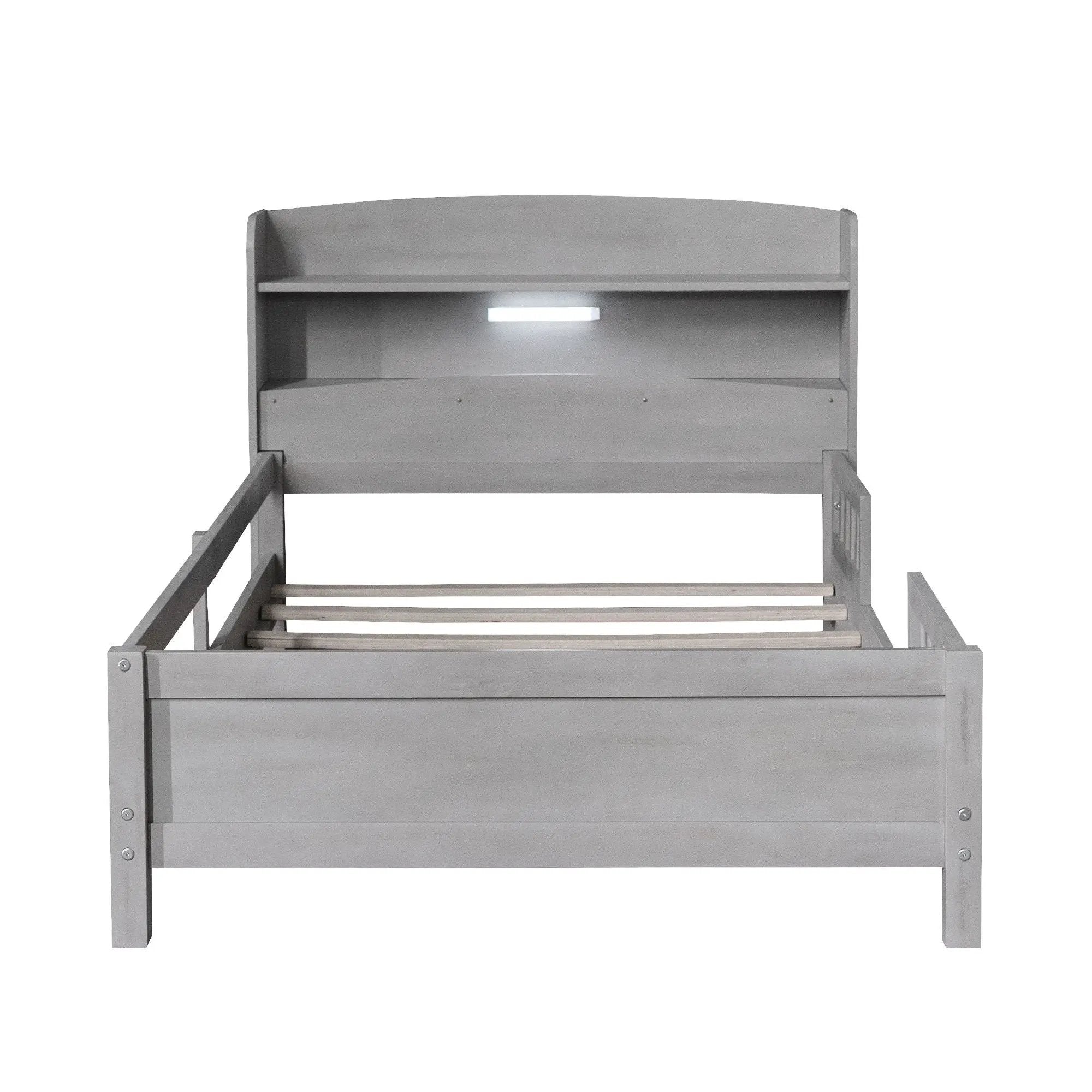 Wood Platform Bed With Built In LED Light, Storage Headboard And Guardrail