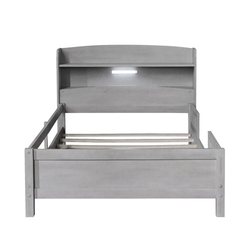 Wood Platform Bed With Built In LED Light, Storage Headboard And Guardrail