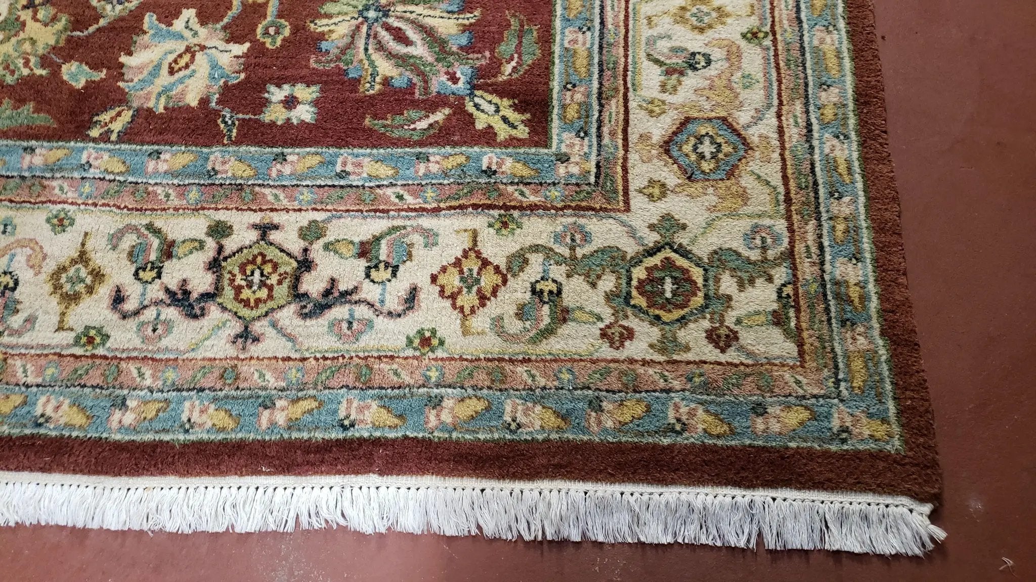 8x12 Indo-Mahal Rug, Floral Allover, Red & Beige, Wool Vintage Handmade Traditional Carpet by Jewel Rugs