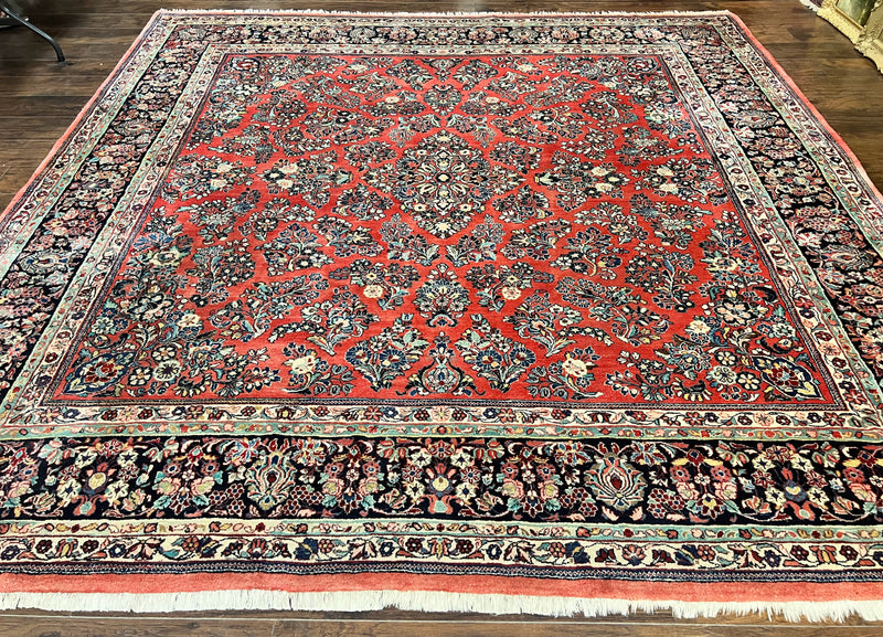 Square Persian Sarouk Rug 11x11 ft, Rare Size, Hand Knotted Wool Floral Allover Red Persian Carpet, Handmade Antique Rug by Jewel Rugs