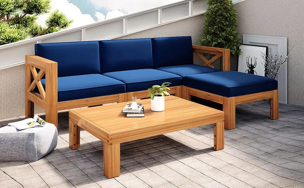 TOPMAX Outdoor 5-Piece Wood Sectional Patio Sofa Set with Blue Cushions by HouseOfZazla
