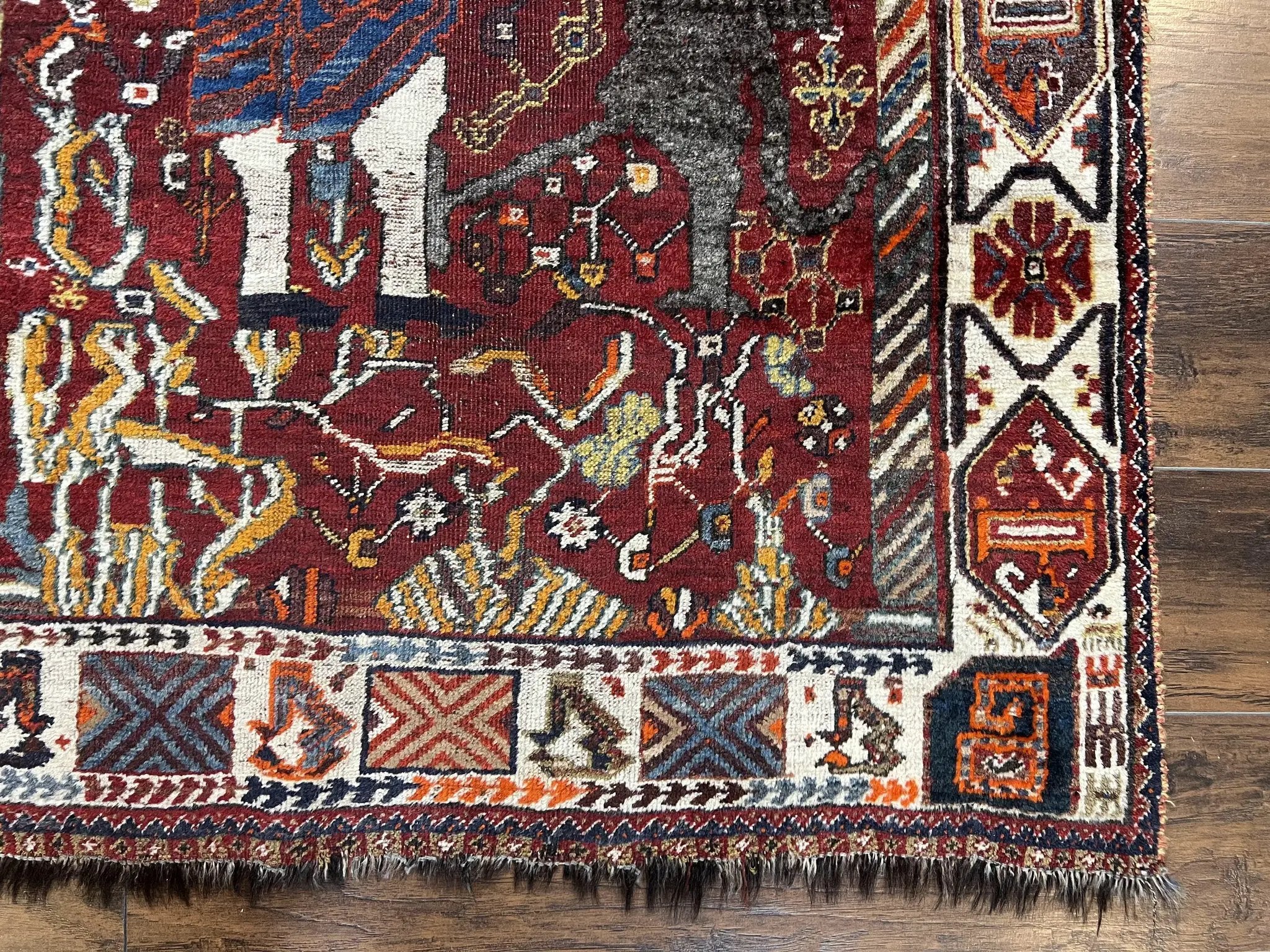 Antique Persian Shiraz Pictorial Rug 3.6 x 5, Persian Tribal Rug, Handmade, Lions, Highly Unique Collectible Small Persian Carpet, Maroon, Wool by Jewel Rugs