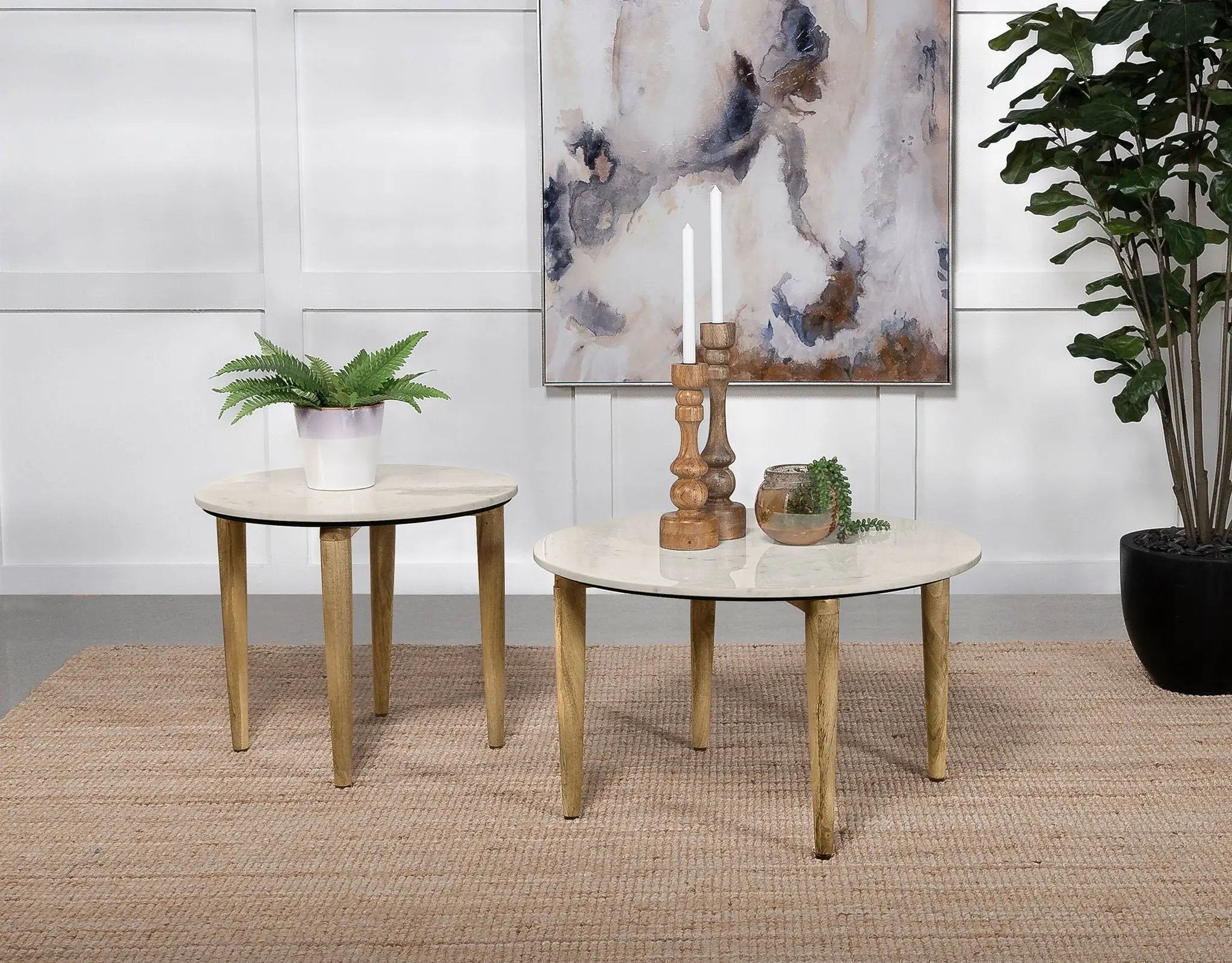 Aldis Round Marble Top Side End Table White and Natural by Unique Piece Furniture