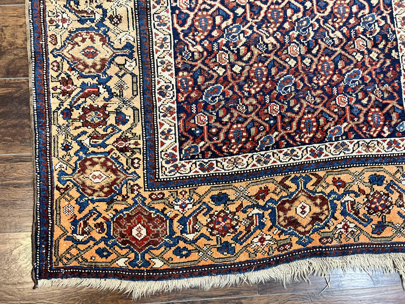 Persian Senneh Rug 4x8, Wool Hand Knotted Antique Kurdish Carpet, Navy Blue Oriental Area Rug, 4 x 8 Rug by Jewel Rugs