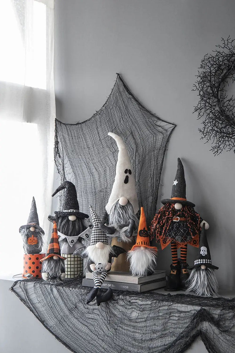 Standing Gnome With Banner & Spring Body, For Halloween Decor - Black / Orange / White by HouseOfZazla
