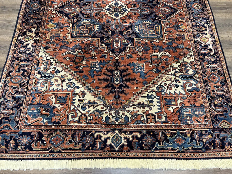 Heriz Rug 5.6 x 8, Geometric Medallion, Wool Oriental Carpet, Tribal Boho Rug, Red Navy Blue Cream, Belgium Power Loomed Rug, Medium Sized by Jewel Rugs