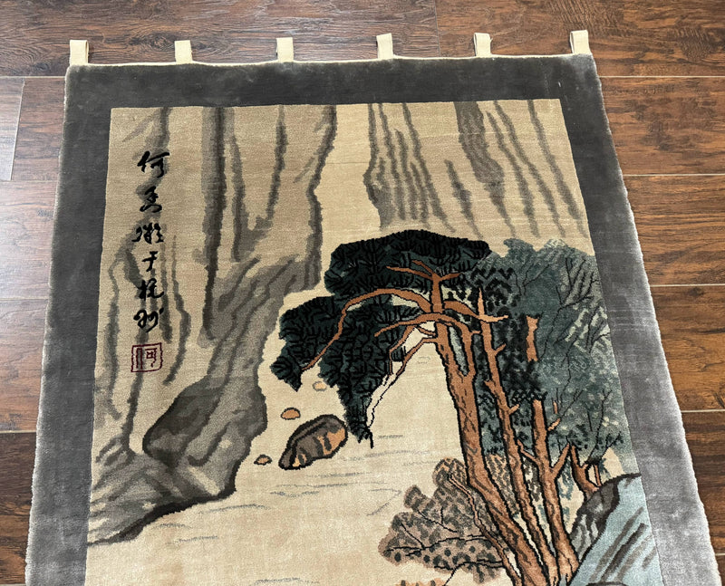 Chinese Silk Wall Hanging 3x5, Handmade, River and Boat Scene, Rug Tapestry by Jewel Rugs