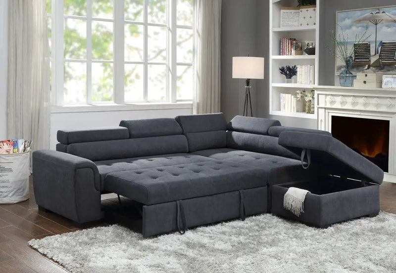 Haris - Sleeper Sofa Sectional With Adjustable Headrest And Storage Ottoman - Dark Gray by HouseOfZazla