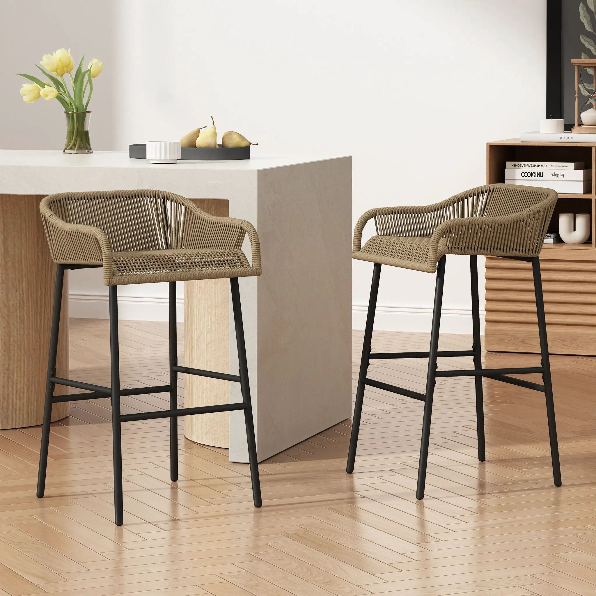 La Push Outdoor Rope Barstool (Set of 2) - Black / Brown by HouseOfZazla