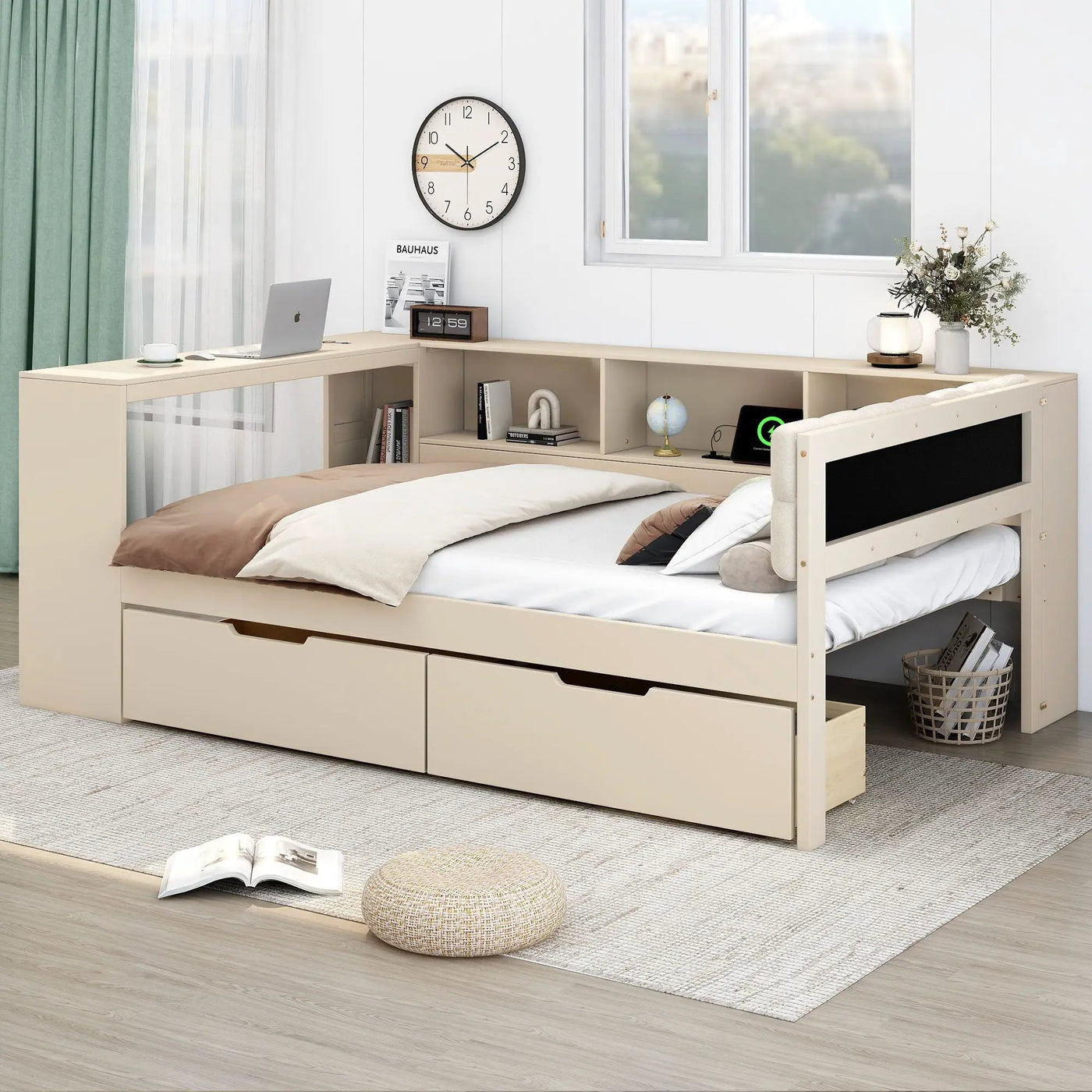 Upholstered Headboard Platform Bed With Storage Shelves, Drawers, Charging Station by Unique Piece Furniture