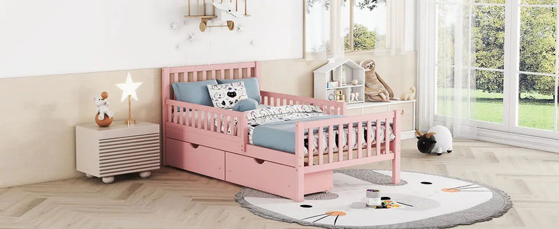 Platform Bed With Guardrails On Both Sides And 2 Storage Drawers by HouseOfZazla