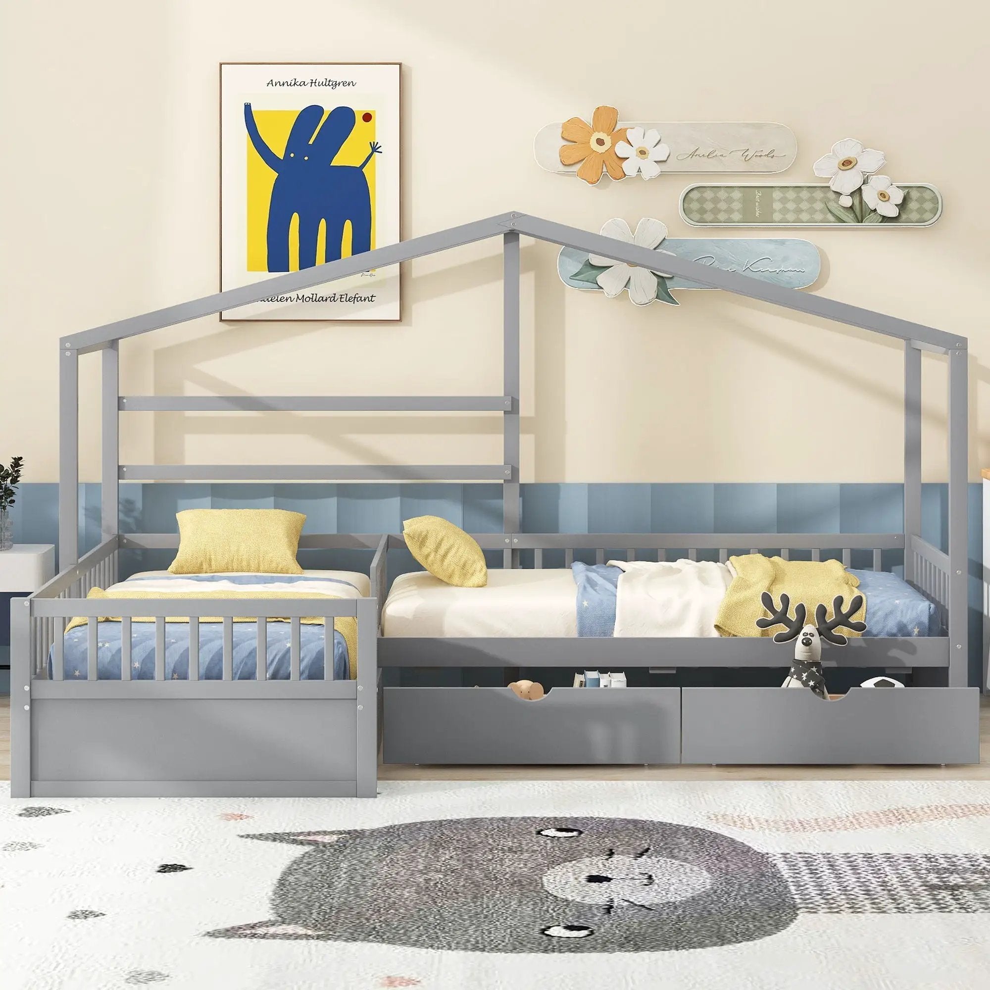L Shape Platform Bed With 3 Storage Drawers