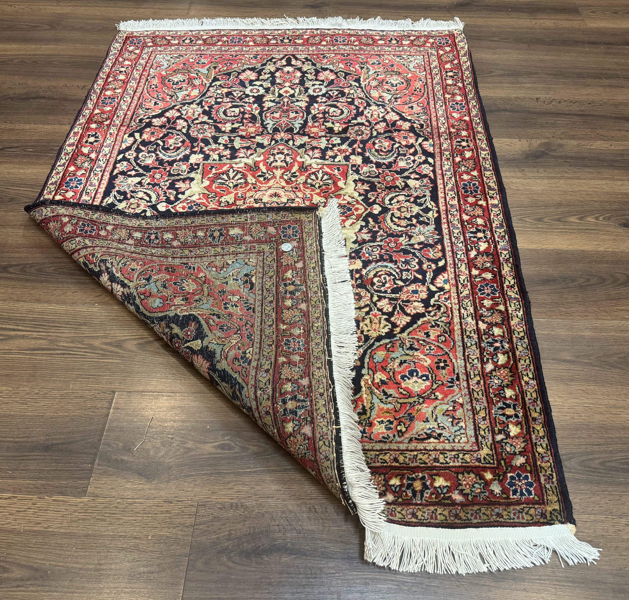 Antique Persian Sarouk Rug 4x5, Dark Blue and Red, Floral Medallion, Fine by Jewel Rugs