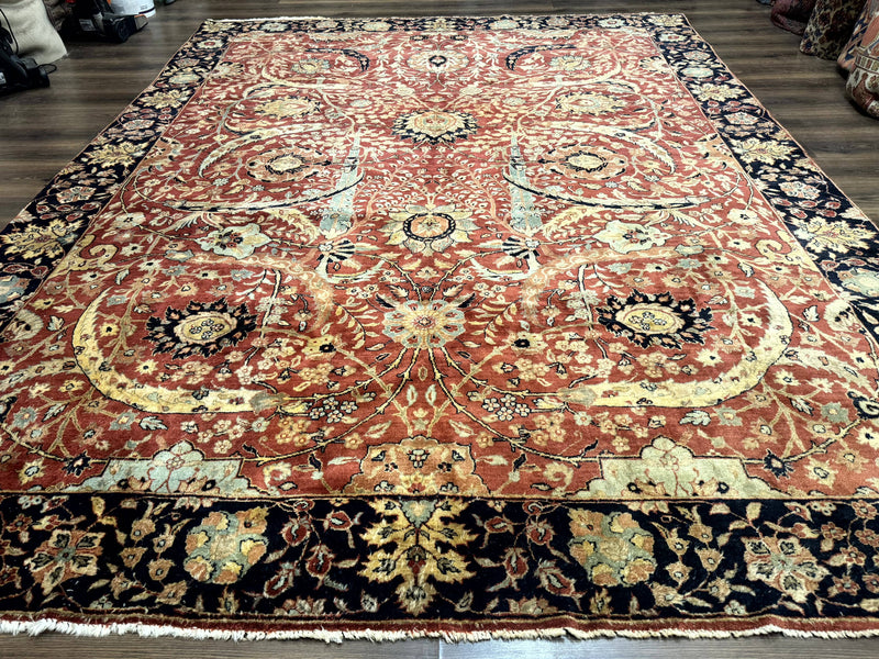 Indian Agra Rug 9x11, Terracotta and Navy Blue, Sickle Leaf Rug by Jewel Rugs
