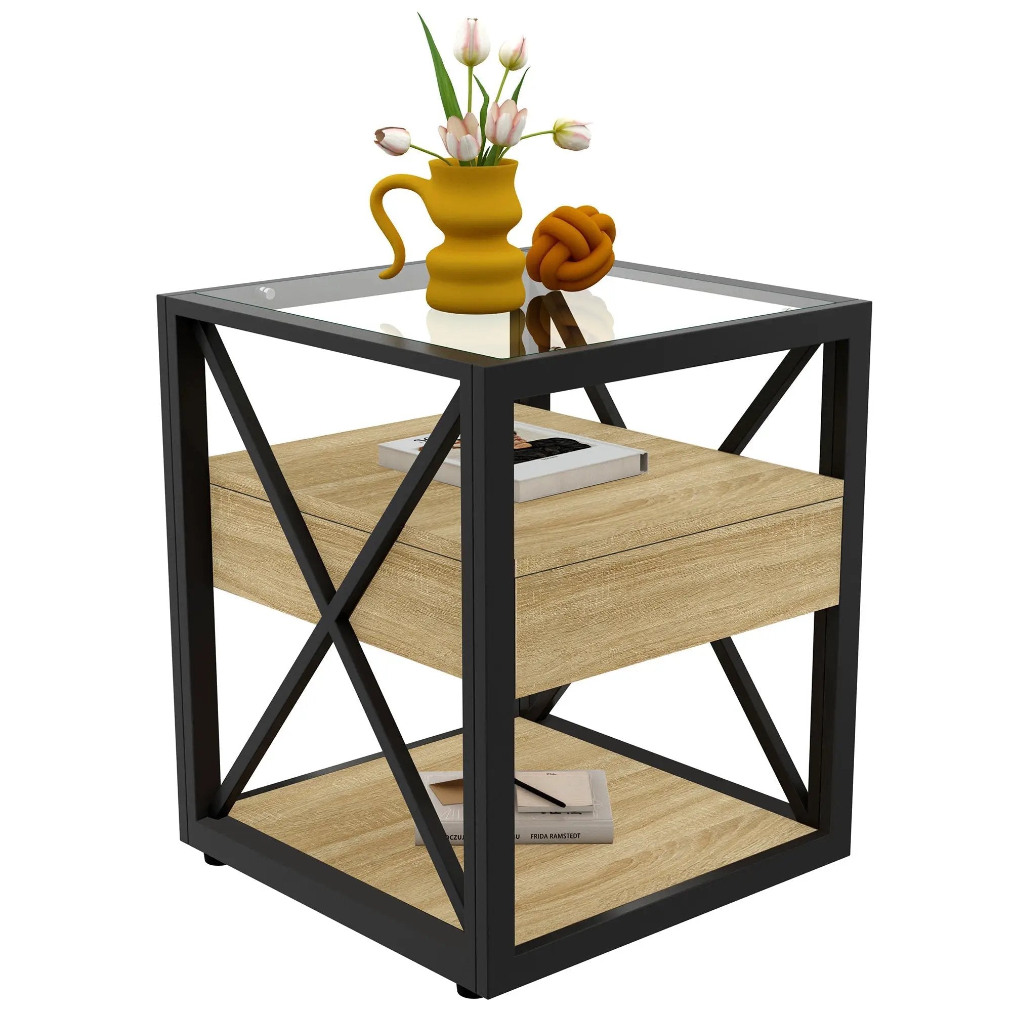 1 Piece Modern End Table with Drawer - Natural Wood & Tempered Glass by HouseOfZazla