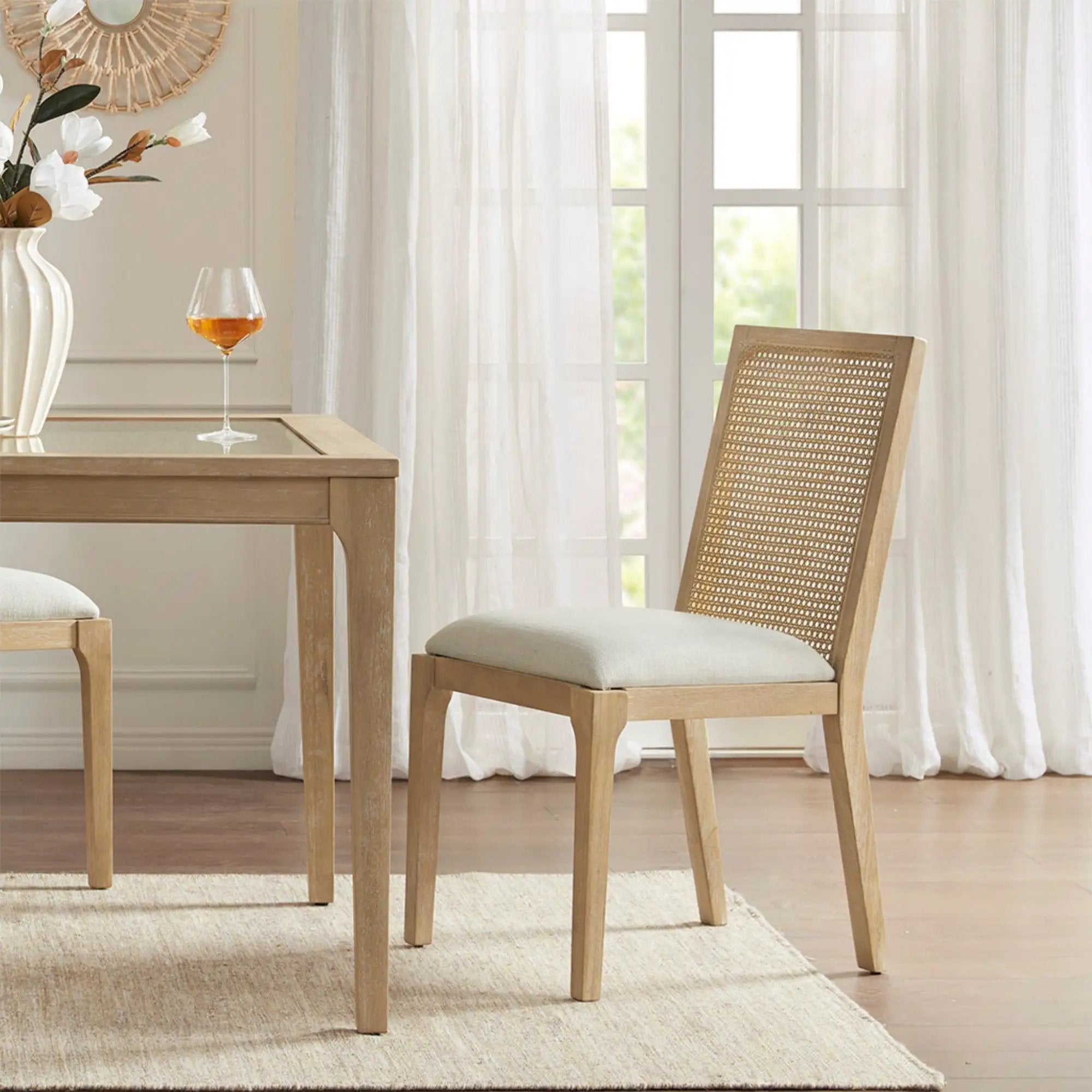 Dining Chair With Synthetic Cane Back And Upholstered Seat (Set of 2) - Natural by Unique Piece Furniture