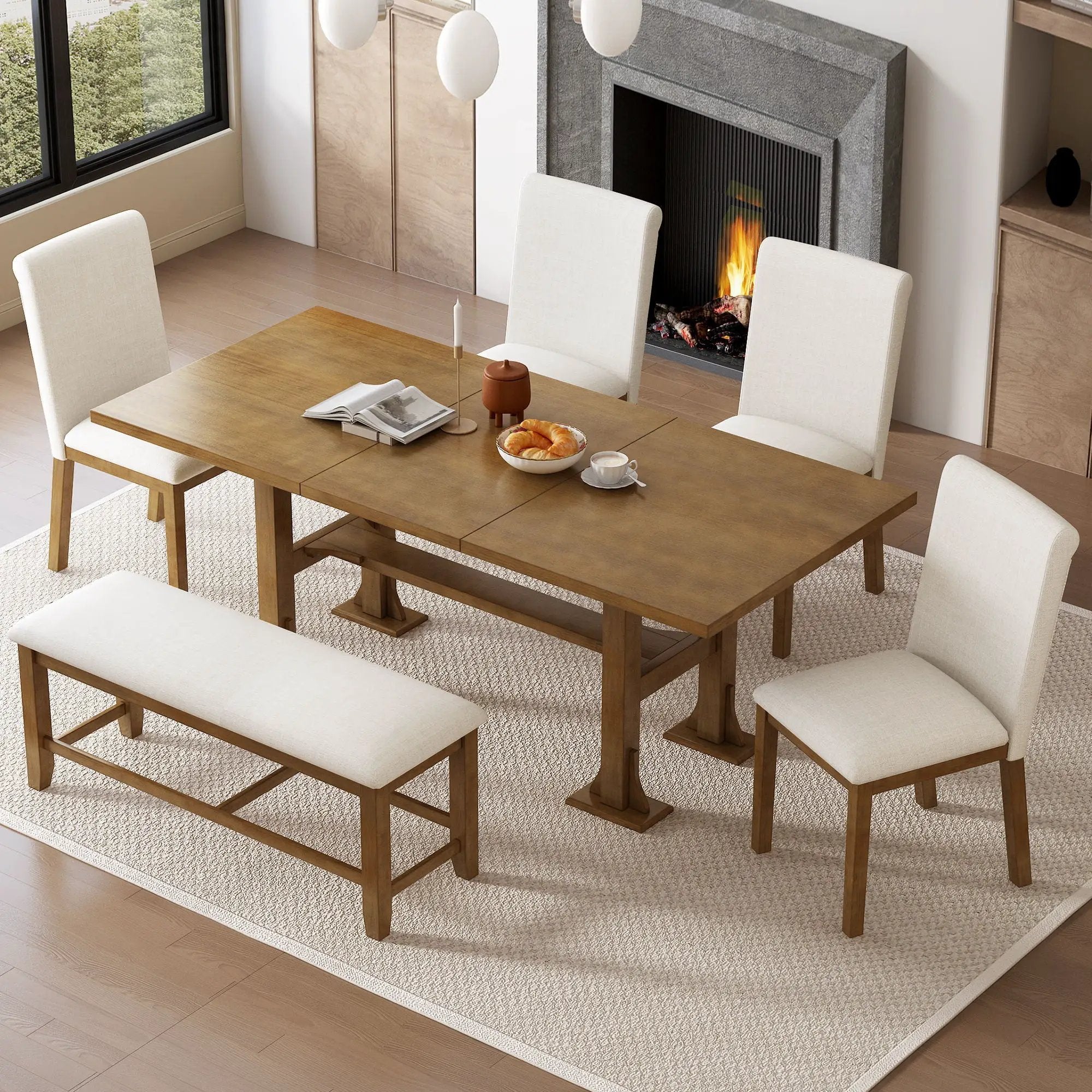 Topmax - 6 Piece Farmhouse Extendable Dining Table Set Trestle Kitchen Table Set With Removable Leaf And Upholstered Dining Chair And Bench For Dining Room by HouseOfZazla