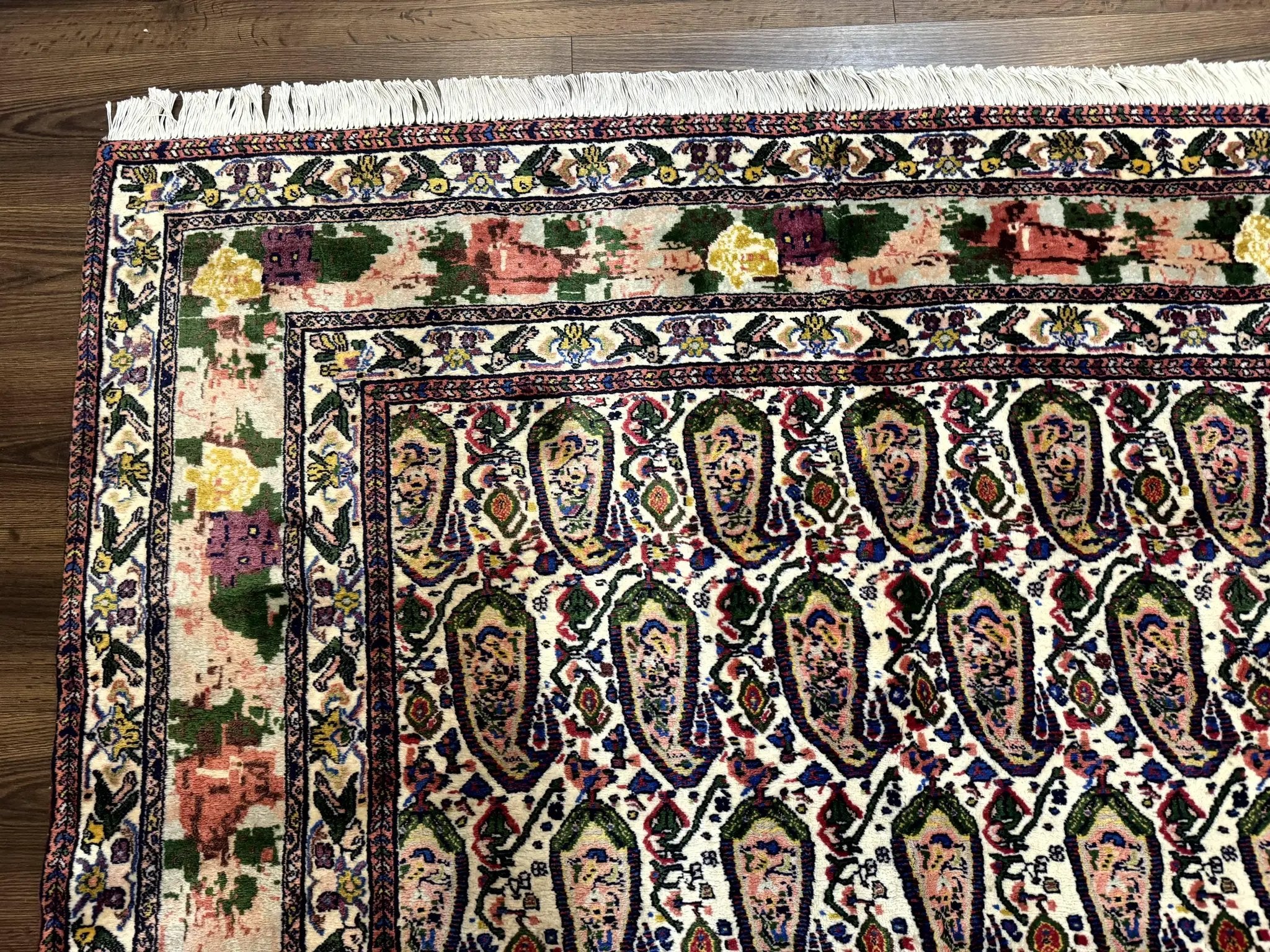 Persian Kurdish Rug 8x11, Repeated Allover Boteh Paisley Design, Bird Pictorials, Rare Antique Sannadaji Carpet by Jewel Rugs