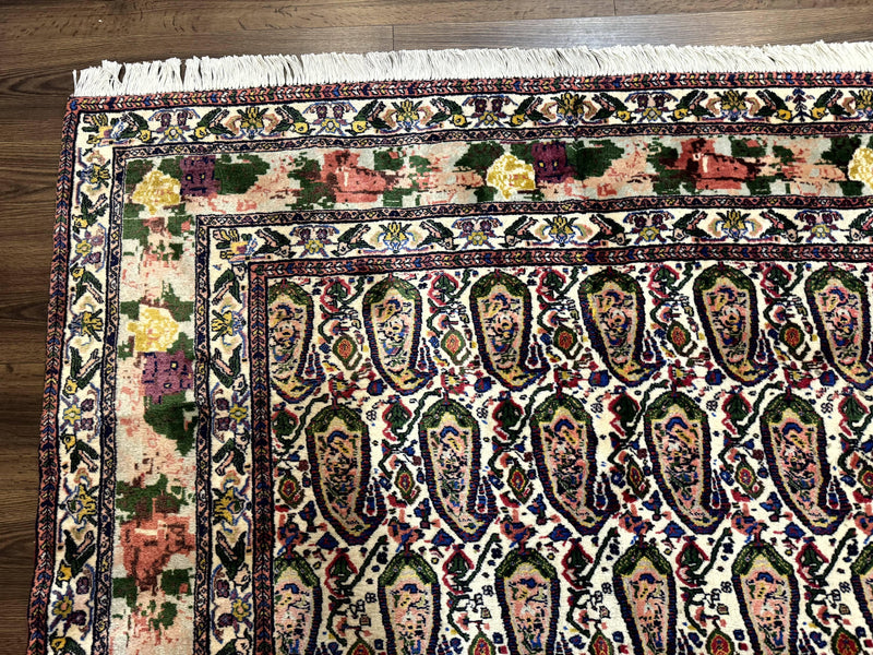 Persian Kurdish Rug 8x11, Repeated Allover Boteh Paisley Design, Bird Pictorials, Rare Antique Sannadaji Carpet by Jewel Rugs