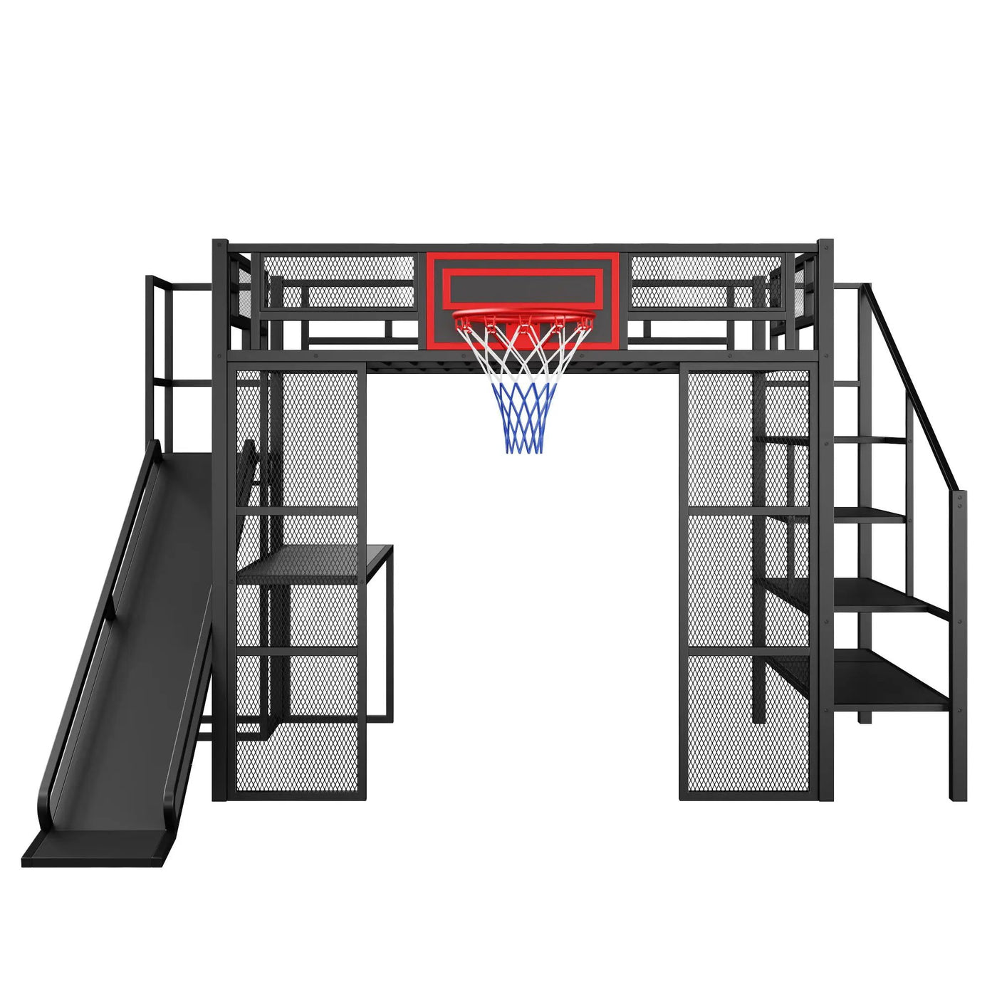 Loft Bed With Built In Desk, Open Wardrobe, Basketball Hoop, Slide And Staircase by Unique Piece Furniture