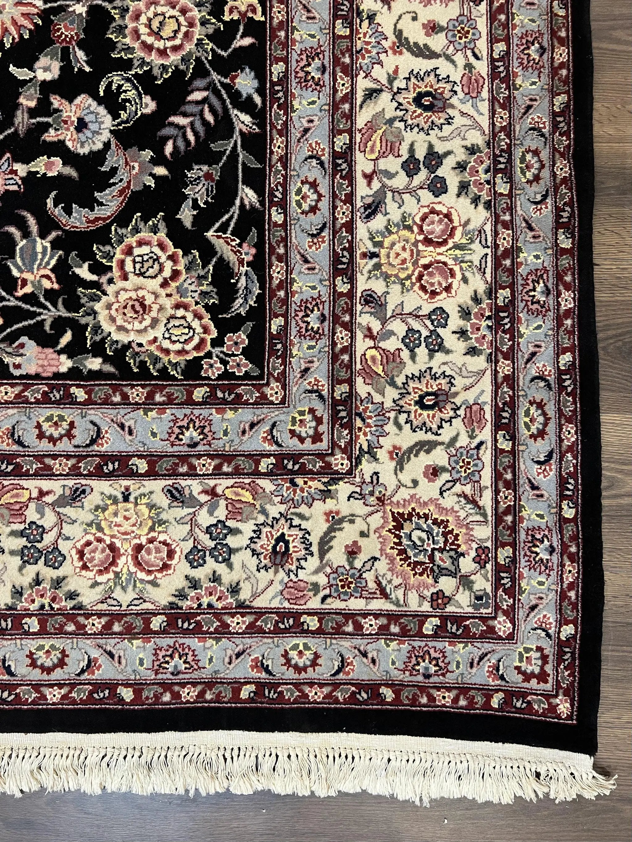 Pak Persian Rug 9x12, Floral Allover, Hand Knotted Oriental Carpet 9 x 12 ft, Black and Cream, Detailed, Wool with Silk Highlights, Vintage by Jewel Rugs