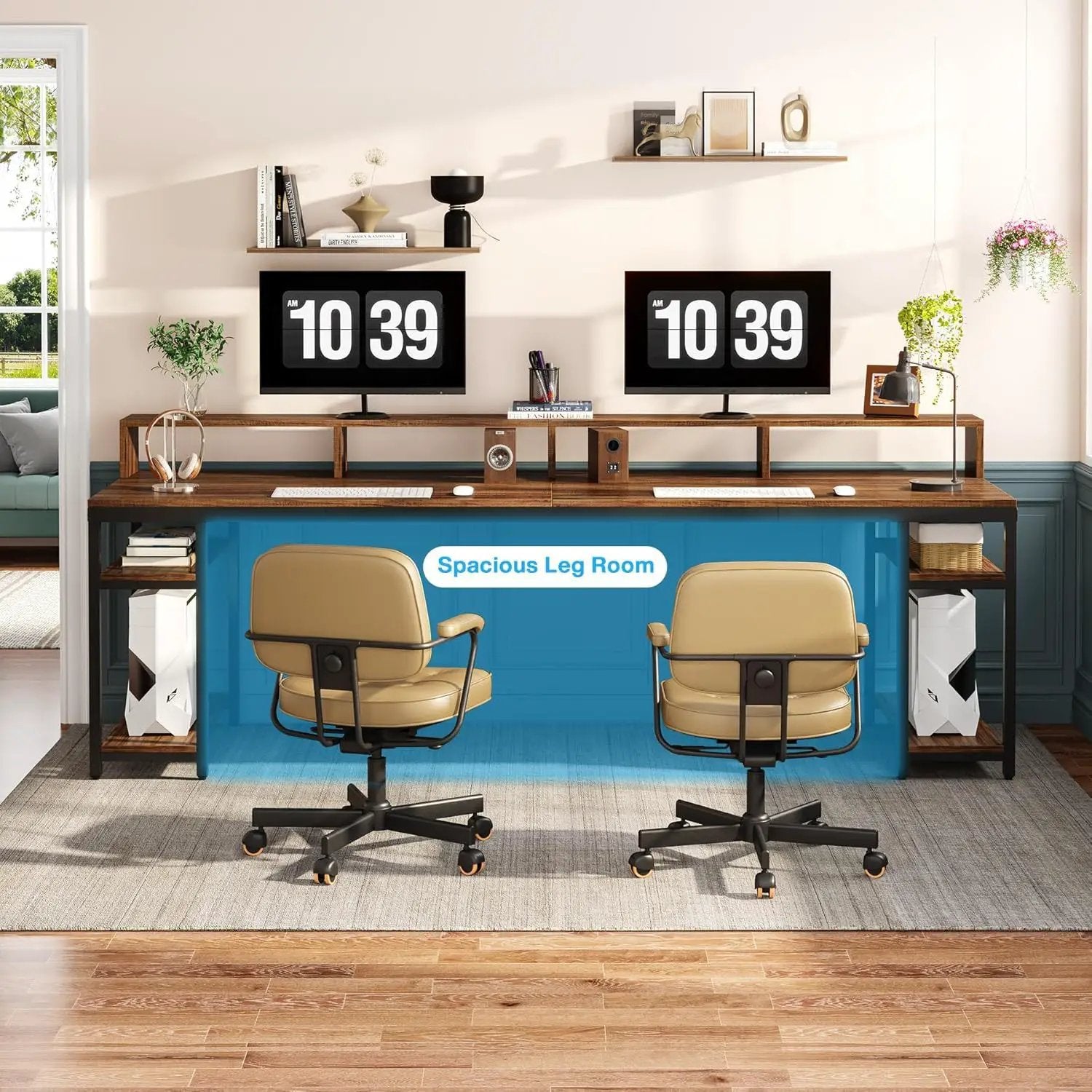 2 Person Desk With Monitor Stand, Long Office Workstation With Dual Storage Shelves And Frame - Brown / Black by HouseOfZazla