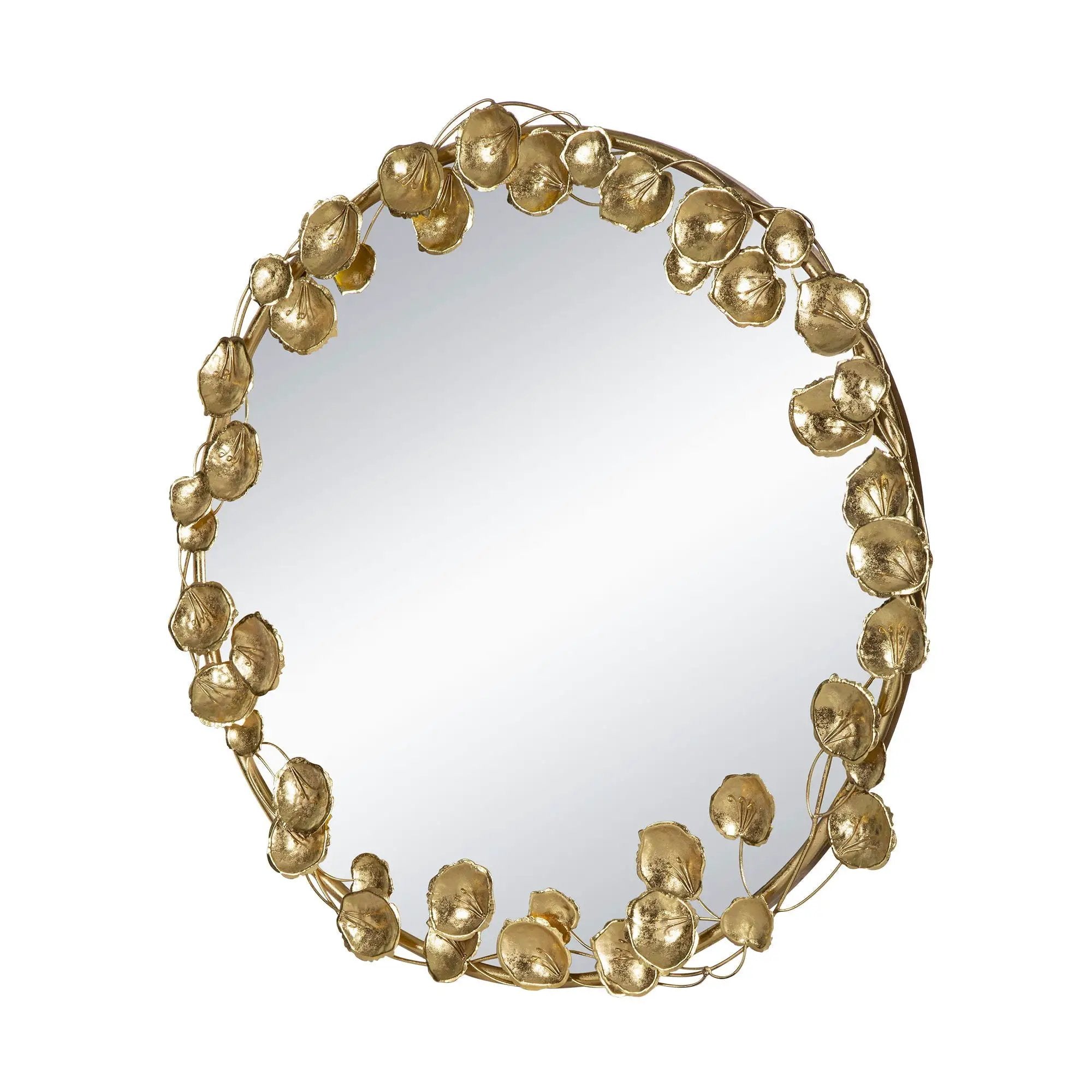 Round Metal Wall Mirror With en Leaf Accents, Modern Decor Mirror For Living Room Entryway Hallway - Gold by Unique Piece Furniture