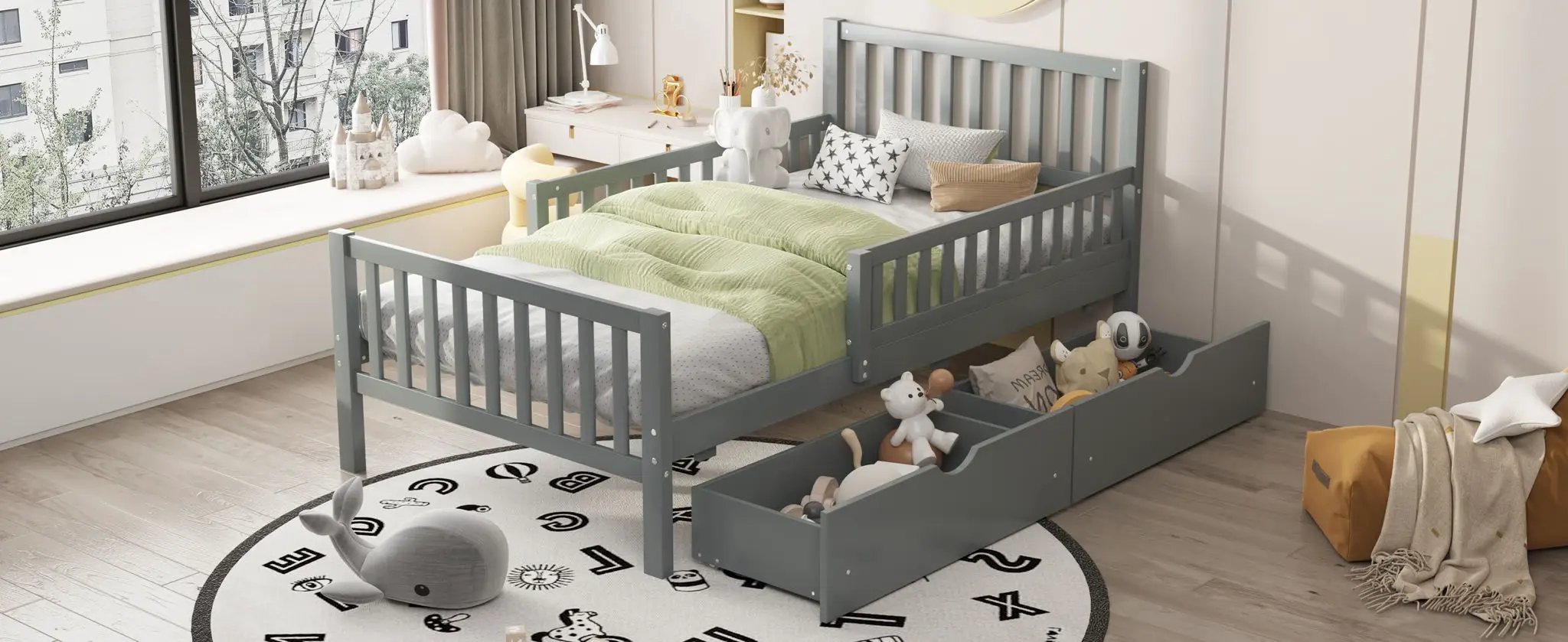 Platform Bed With Guardrails On Both Sides And 2 Storage Drawers by HouseOfZazla