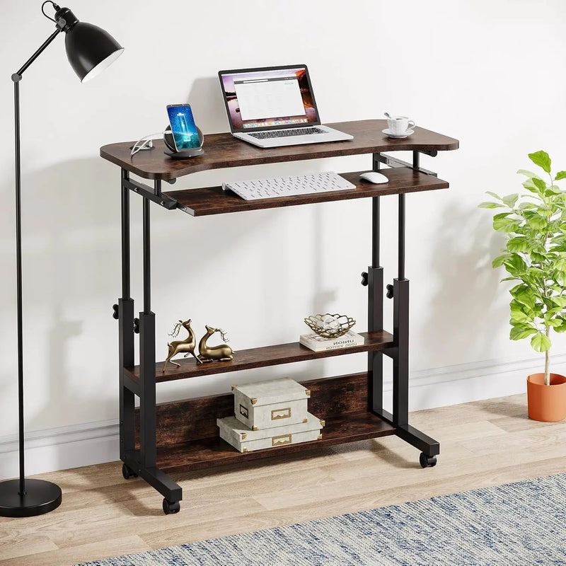 Portable Adjustable Desk With Power Outlets, USB Charging Ports, And Sliding Keyboard Tray - Brown / Black by HouseOfZazla