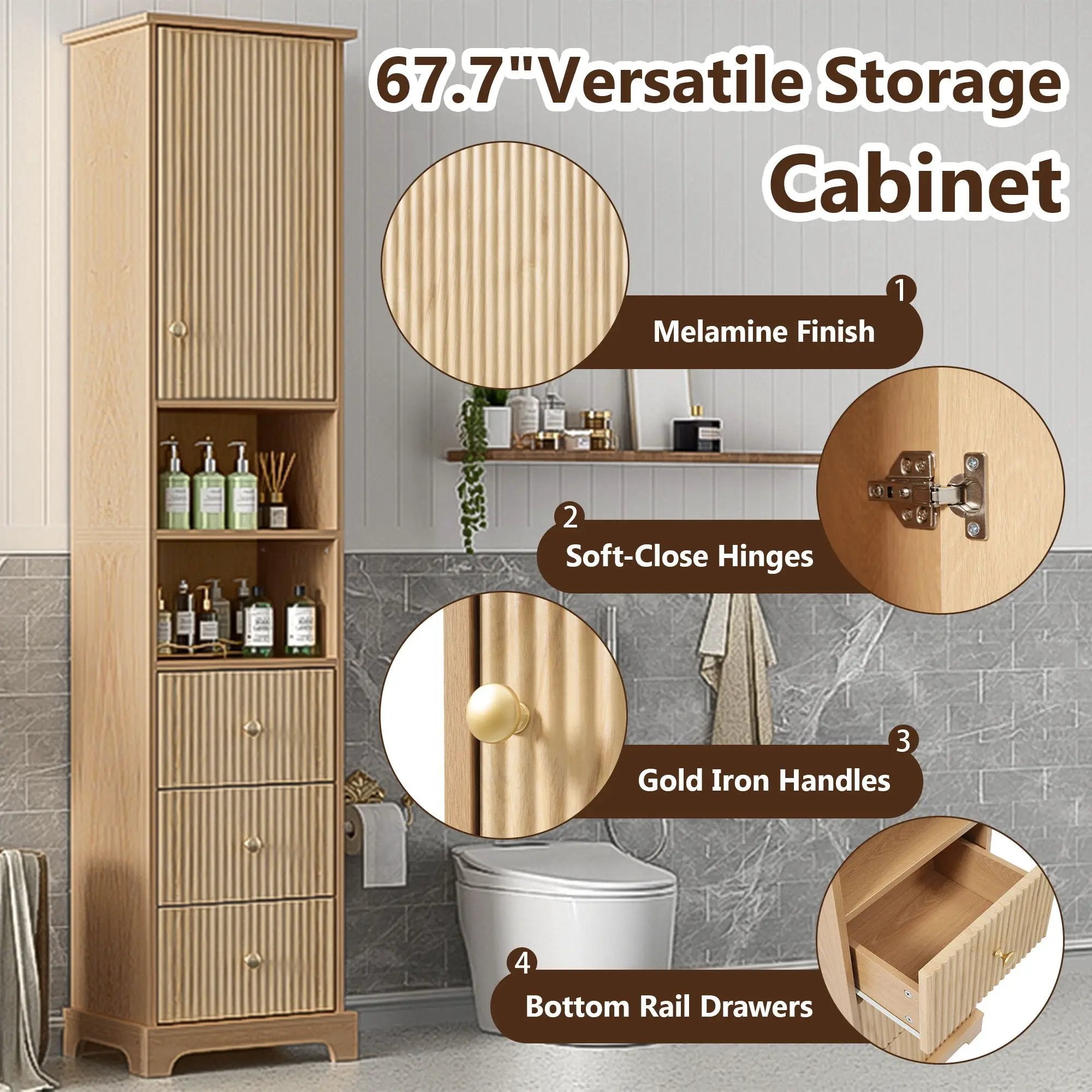 Tall Bathroom Cabinet With 1 Door, 3 Drawers, Open Storage - Wood by Unique Piece Furniture