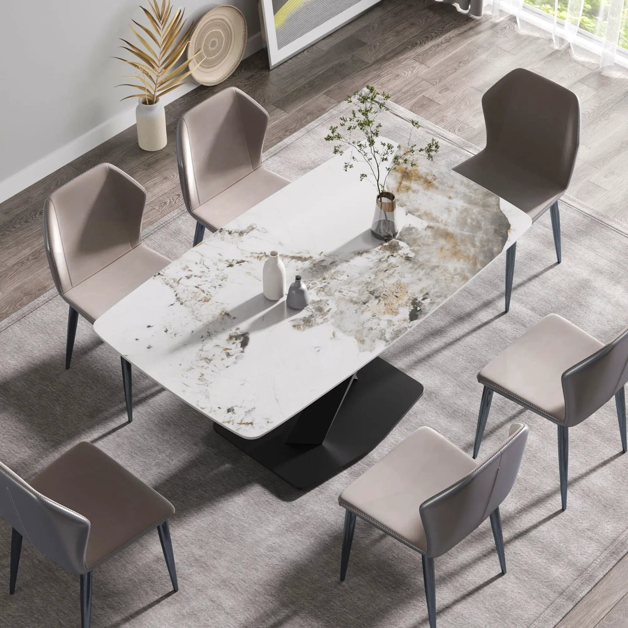 Modern Artificial Stone Pandora White Curved Metal Leg Dining Table, 6 People - Antique White by HouseOfZazla