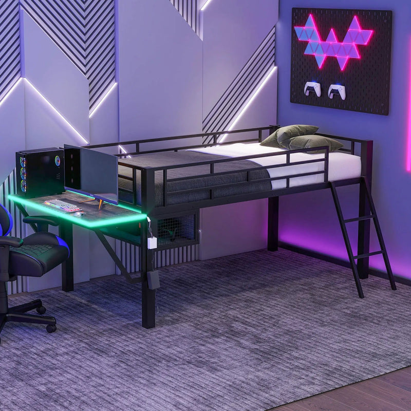 Modern Gaming Mid Loft Bed With Desk And LED Lights by Unique Piece Furniture