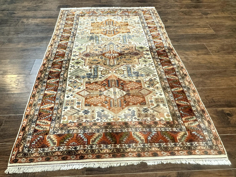 Turkish Kazak Rug 4x6, Geometric Medallions, Vintage Handmade Wool Carpet by Jewel Rugs