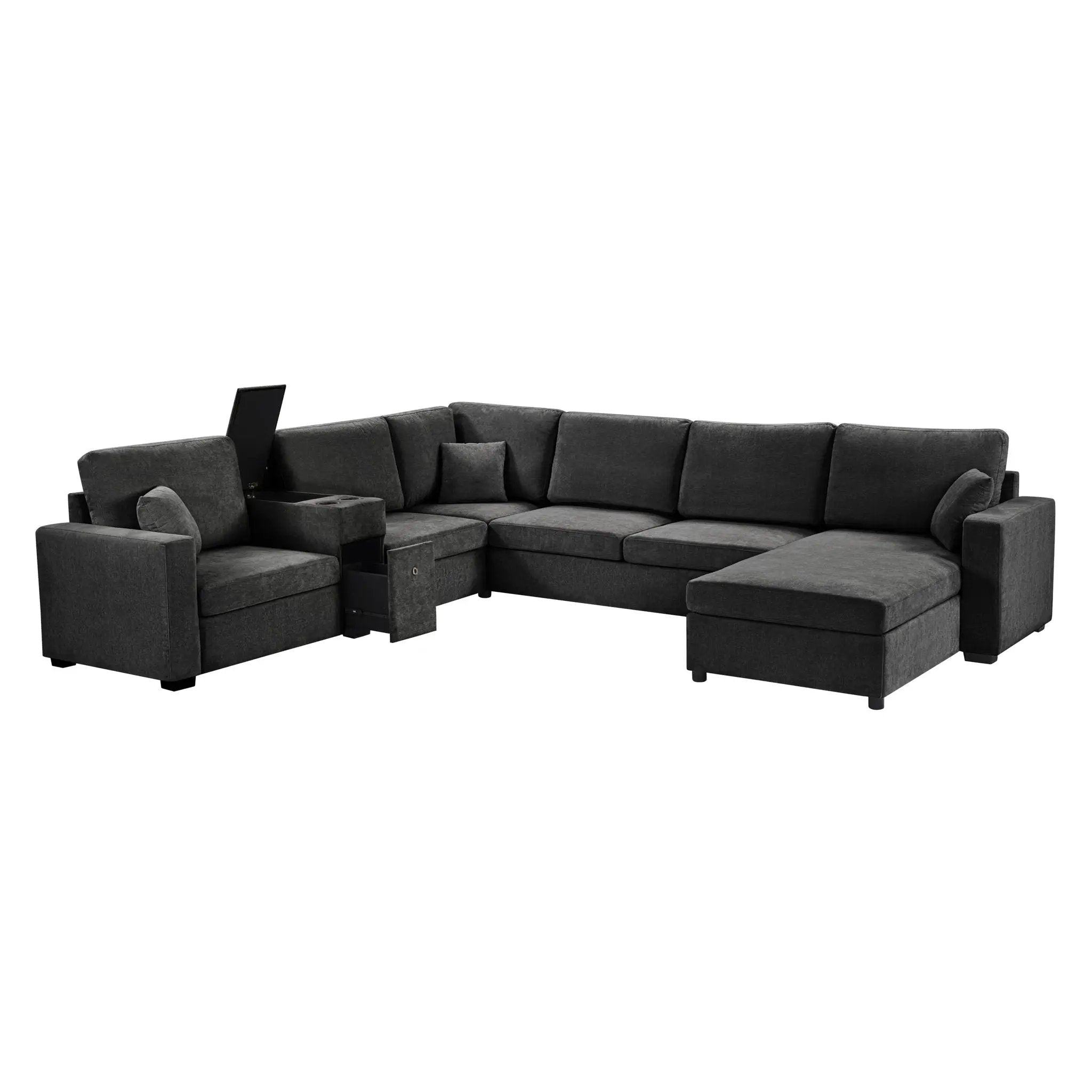 Modular 5 Seat U-Shape Sectional Sofa With Chaise Lounge, Built In Cup Holders And Storage Drawer by HouseOfZazla