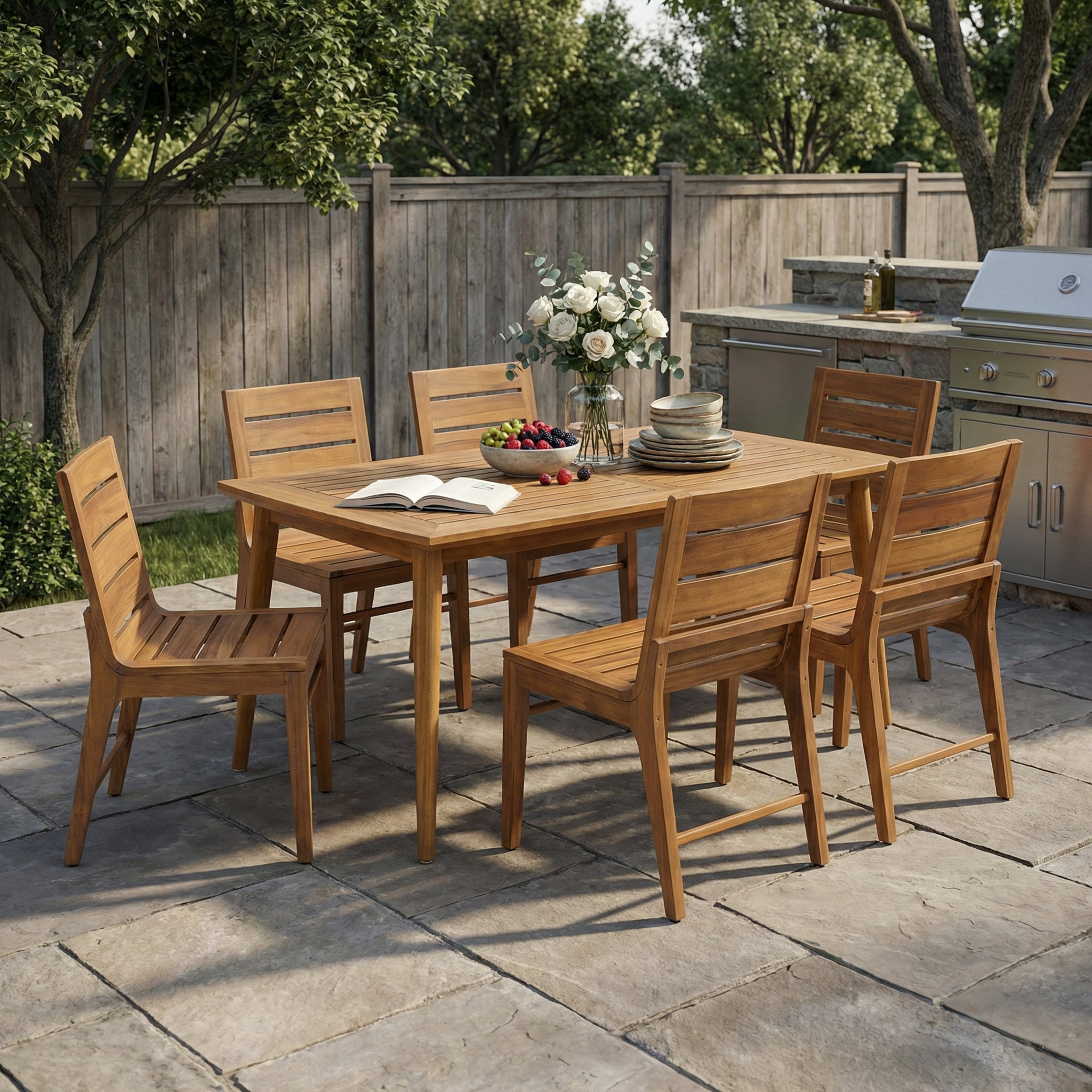 7 Piece Outdoor Acacia Wood Dining Set, 71" Teak Finish Rectangular Table with 6 Slatted Back Chairs by HouseOfZazla