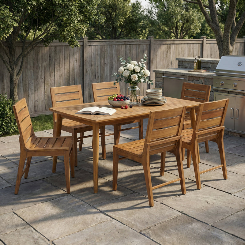 7 Piece Outdoor Acacia Wood Dining Set, 71" Teak Finish Rectangular Table with 6 Slatted Back Chairs by HouseOfZazla