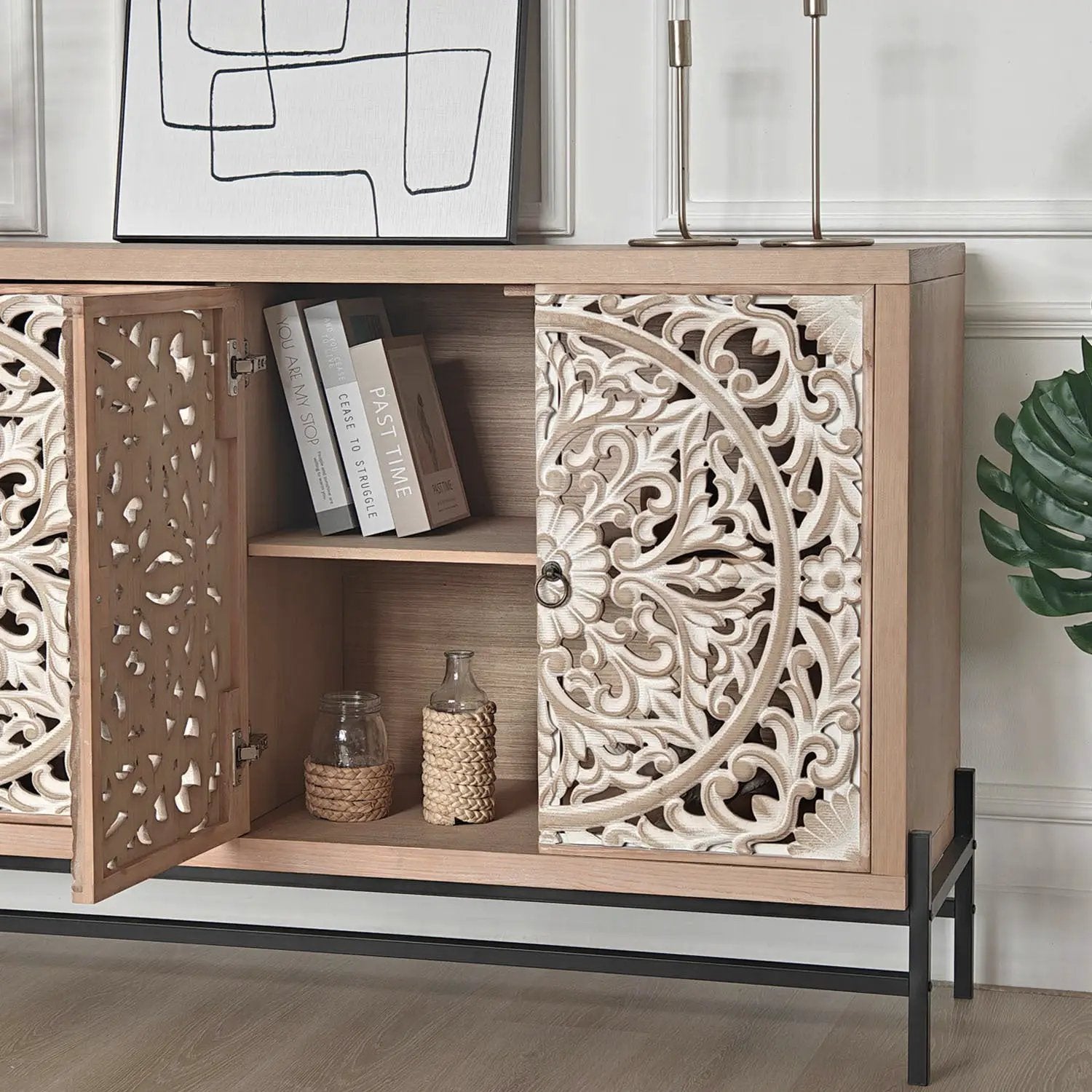 4 Door Wood Cabinet, Vintage Carved Wood with Metal Base by HouseOfZazla
