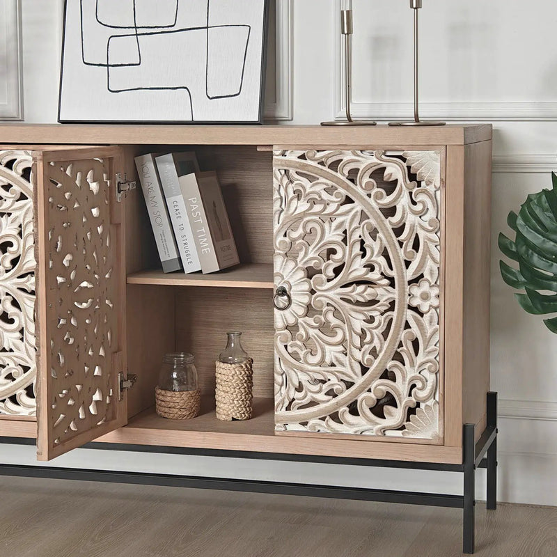 4 Door Wood Cabinet, Vintage Carved Wood with Metal Base by HouseOfZazla