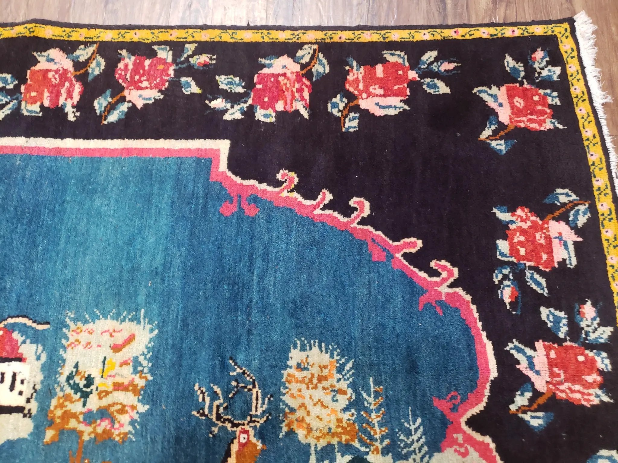 Antique Persian Pictorial Rug 4'6" x 9', Wool Hand-Knotted Blue Roses Karabagh Caucasian Carpet, 1920s Girl Deer Tapestry Wall Hanging Rug by Jewel Rugs