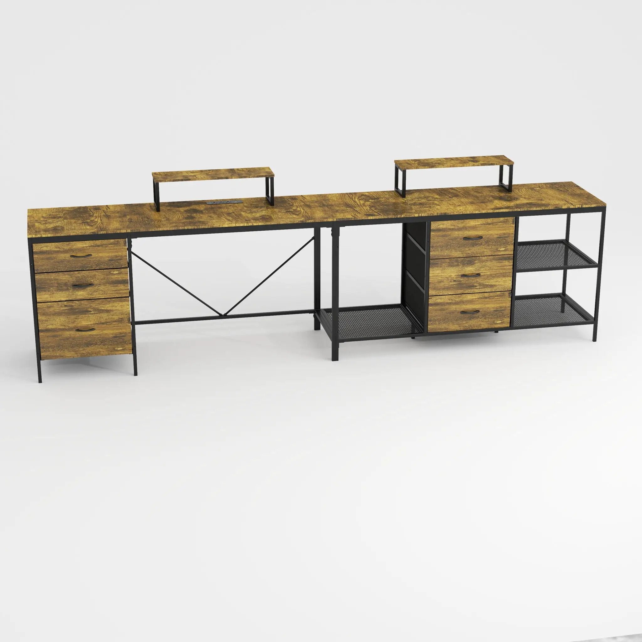 Industrial L Shaped Desk With Power Hub With 6 Drawers And Adjustable Monitor Stands - Brown by Unique Piece Furniture