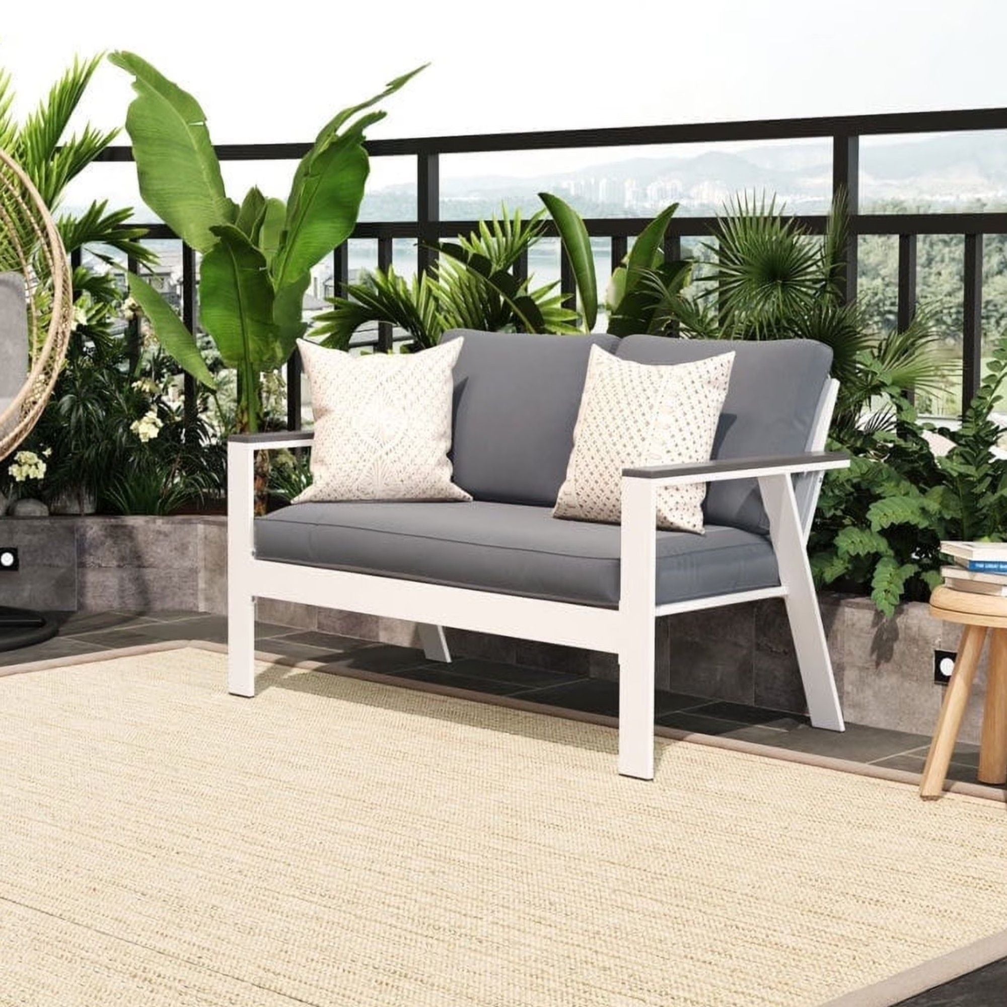 All Weather Patio Loveseat With Armrests & Angled Backrest - White / Gray by HouseOfZazla
