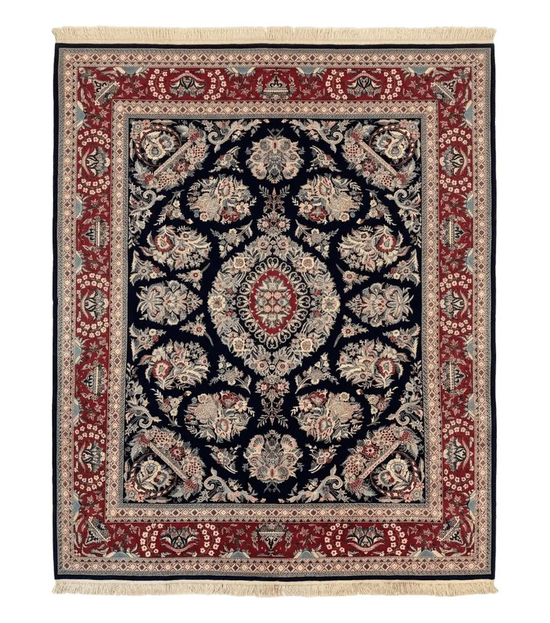 Sino Persian Rug 8x10, Floral Kirman Carpet, Navy Blue and Red, Floral Vases, Handmade Vintage Wool Carpet, 320 KPSI by Jewel Rugs