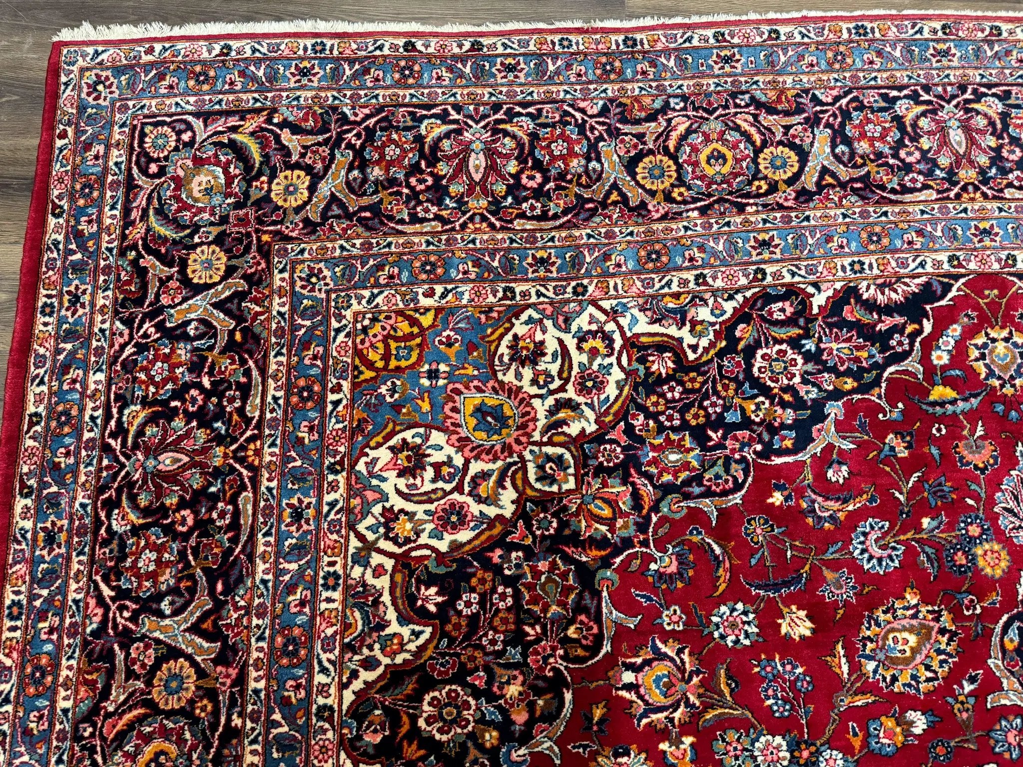 Large Persian Kashan Rug 11x14, Traditional Persian Carpet, Wool, Fine 250 KPSI, Red Navy Blue by Jewel Rugs
