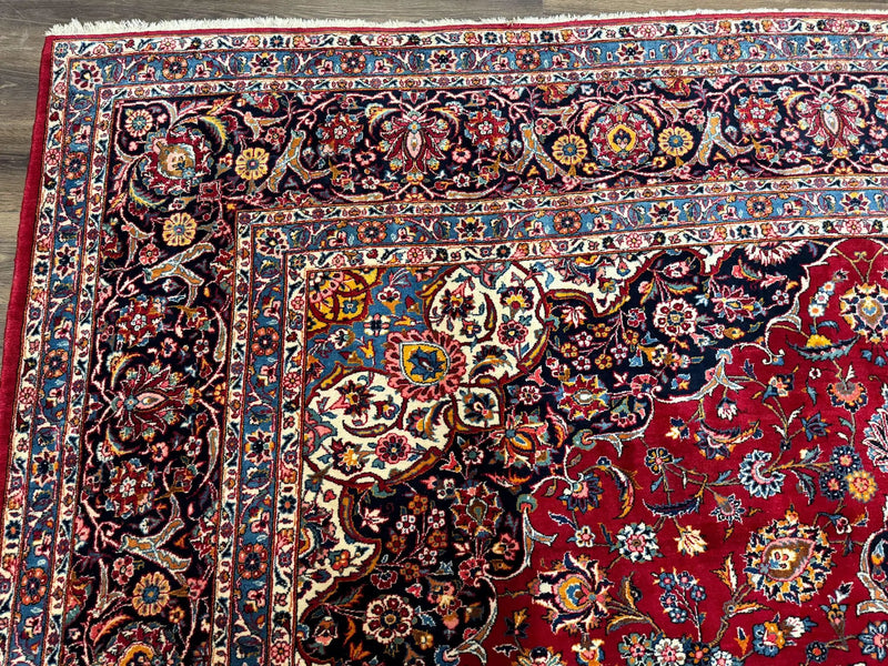 Large Persian Kashan Rug 11x14, Traditional Persian Carpet, Wool, Fine 250 KPSI, Red Navy Blue by Jewel Rugs