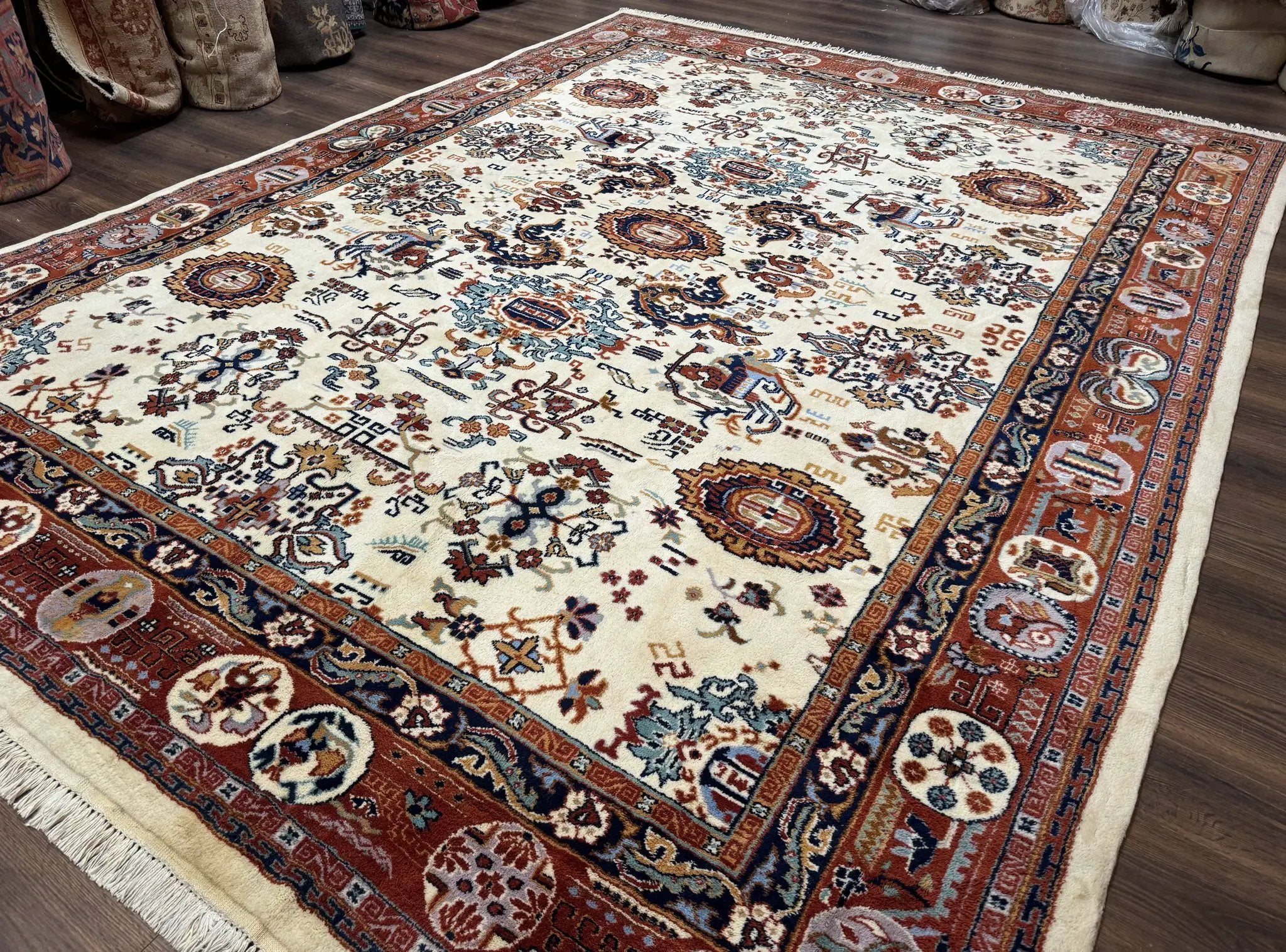 Indo Chinese Wool Rug 9x12, Ivory and Rust Red, Dragon Motifs by Jewel Rugs