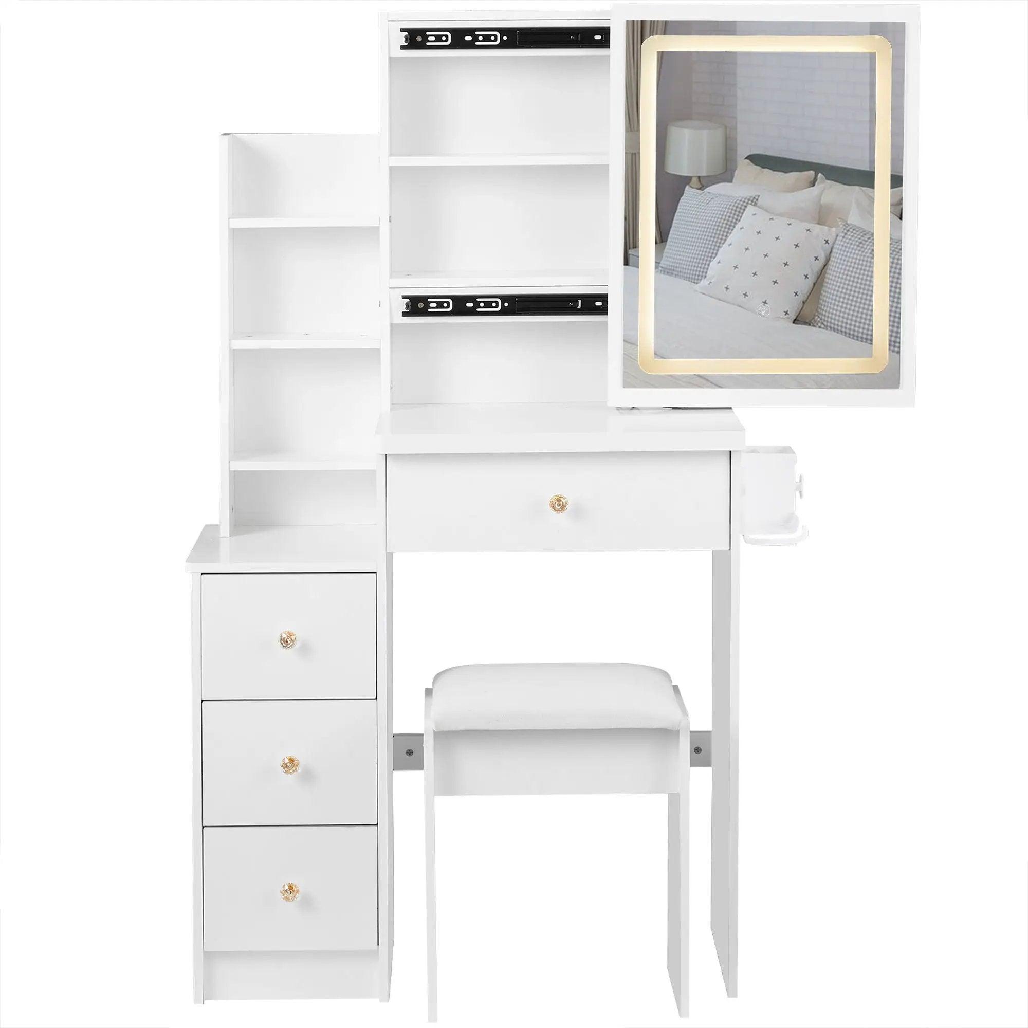 Cabinet Vanity Table & Cushioned Stool, USB Power Station, Hair Dryer Bracket - White by Unique Piece Furniture