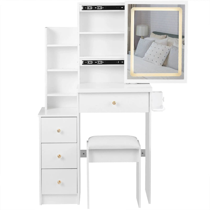 Cabinet Vanity Table & Cushioned Stool, USB Power Station, Hair Dryer Bracket - White by Unique Piece Furniture