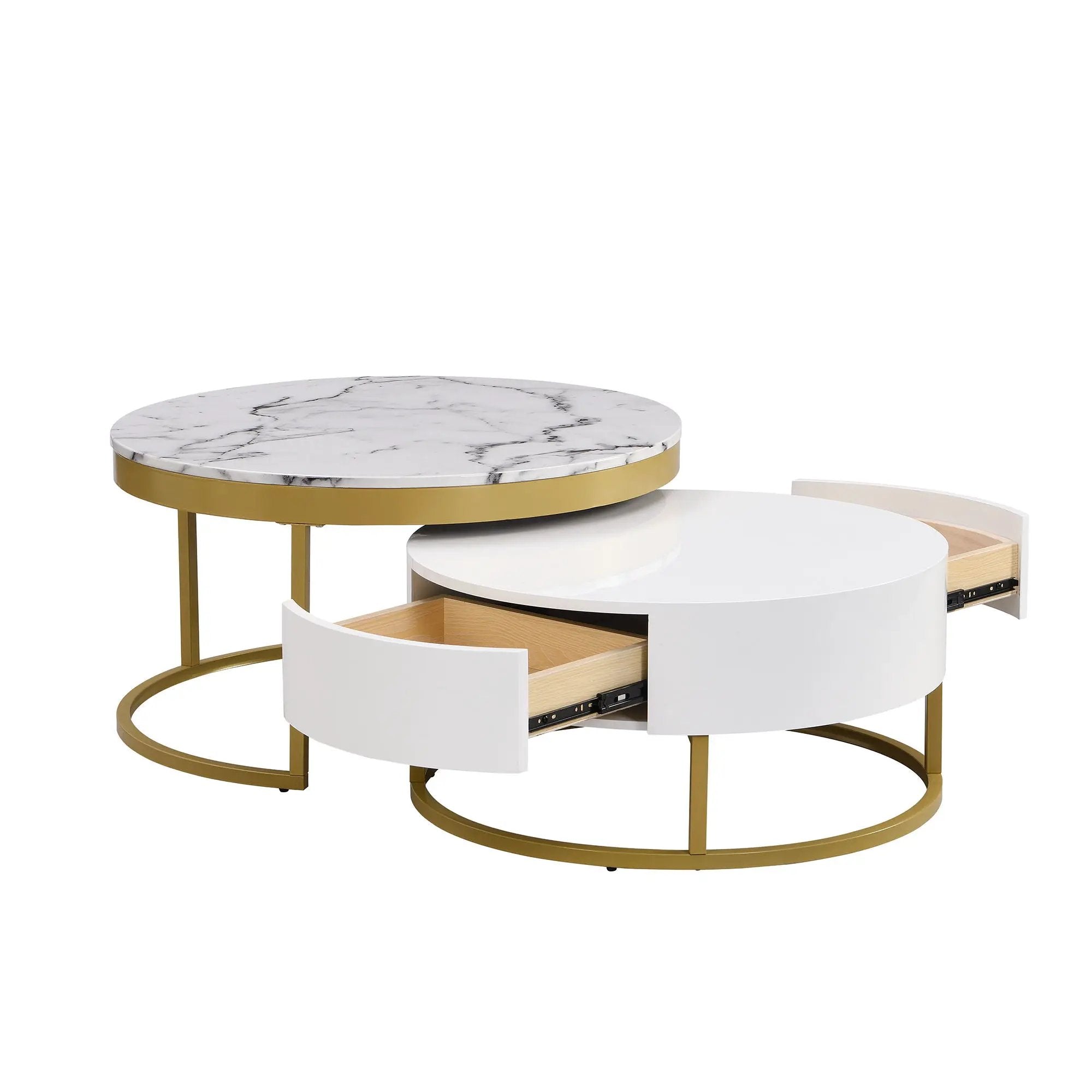Round Nesting Coffee Table With Drawers - Golden / White by Unique Piece Furniture