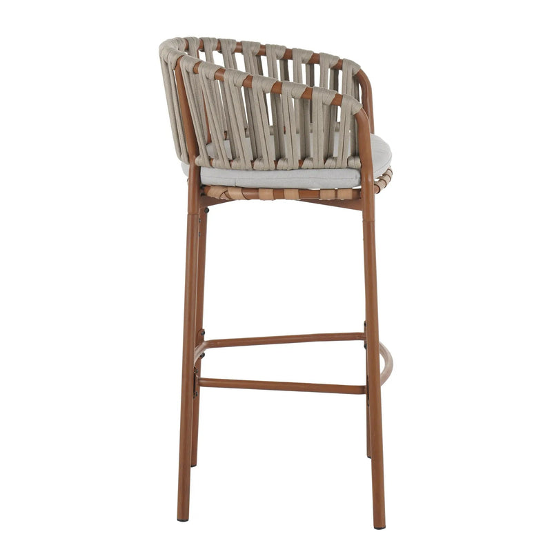 Lodi Outdoor Metal Rope Barstool, Teak Finished Frame and Beige Cushion, Set of 4 by HouseOfZazla