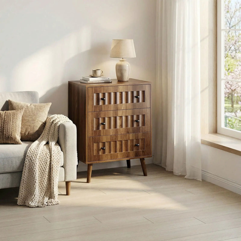 3 Drawer Dresser, Storage Cabinet With Vertical Grooves For Bedroom - Walnut by Unique Piece Furniture